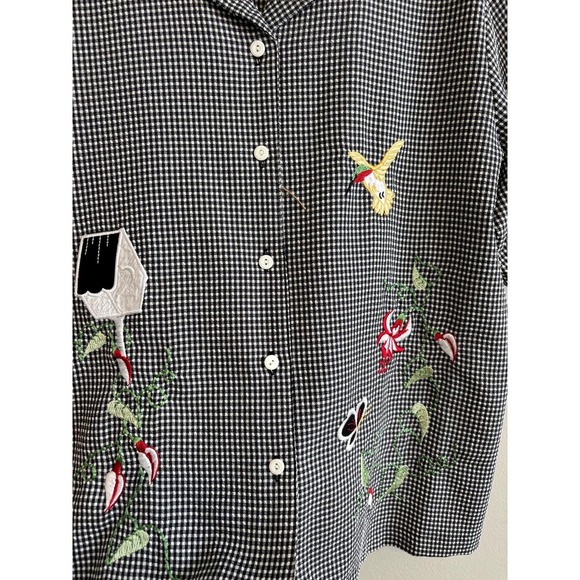 Vintage Embroidered Birds Butterfly Black Plaid Button Women Down Shirt - Large - Picture 6 of 7